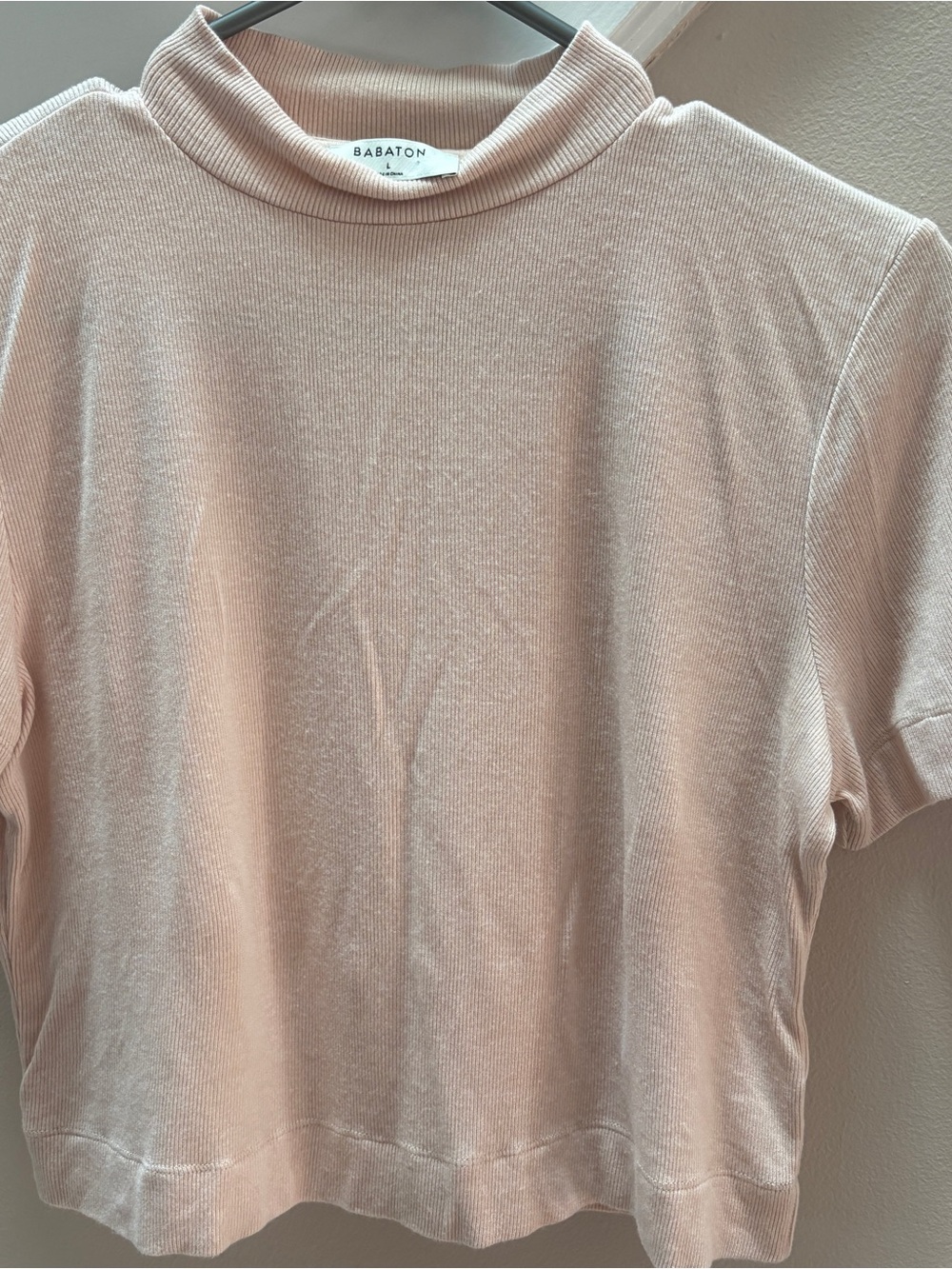 Babaton Blush Cream Ribbed Mock-Neck Short Sleeve Tee
